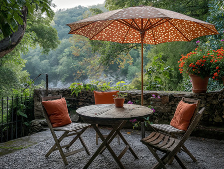 Table and chairs in a garden on a rainy day with an umbrellaの素材