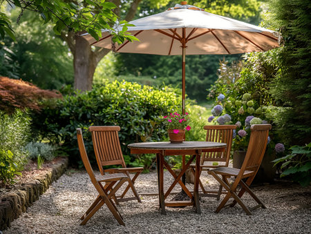 Table and chairs with umbrella in a beautiful garden on a sunny dayの素材