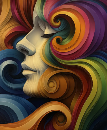 Abstract colorful woman face with curly hair. 3d render illustration.の素材