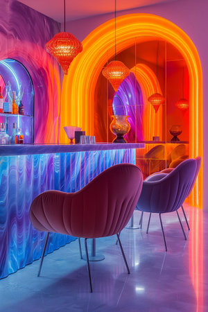 Interior of a modern bar with colorful lights. 3D renderingの素材