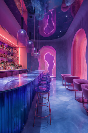 Interior of a night club bar with neon lighting. 3D renderingの素材
