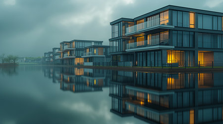 Modern office building with reflection in water. Architectural modern architecture.の素材