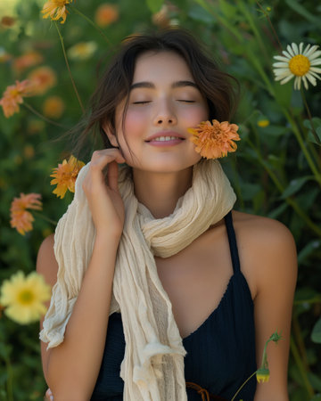 Portrait of a beautiful young woman in a field of daisiesの素材