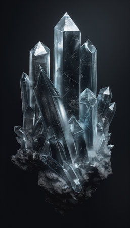 Blue crystal on black background. 3d rendering, 3d illustration.の素材