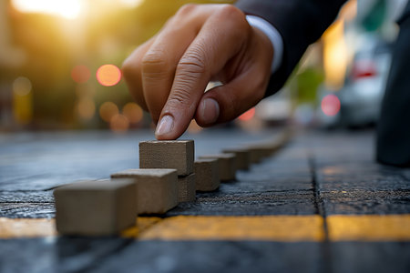 Businessman hand placing wooden blocks on the road, Business concept.の素材