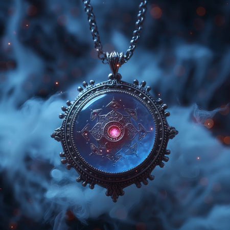 Necklace with astrological symbol on a dark background.の素材