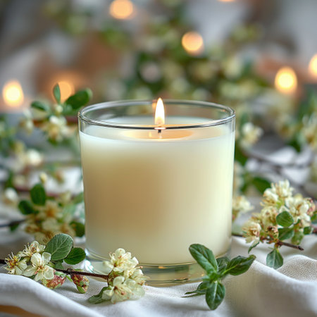 Burning candle with blooming branches on blurred background, closeupの素材