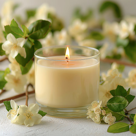 Burning candle with blooming jasmine flowers on light backgroundの素材