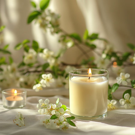 Burning candle in glass with blooming branches on light fabric backgroundの素材