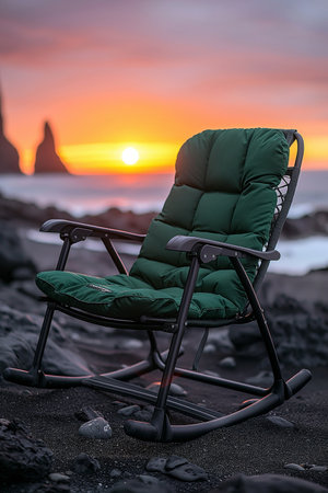 Comfortable Green Rocking Chair on the Volcanic Coast at Sunsetの素材
