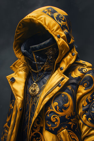 Man in a yellow raincoat with a hood on a dark backgroundの素材