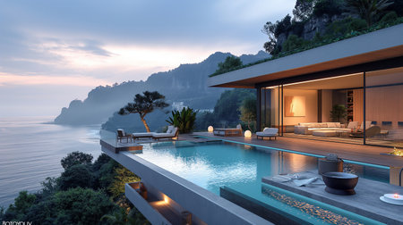 3d rendering of modern cozy house with pool and parking for sale or rent in luxurious style by the sea or ocean at sunset.の素材