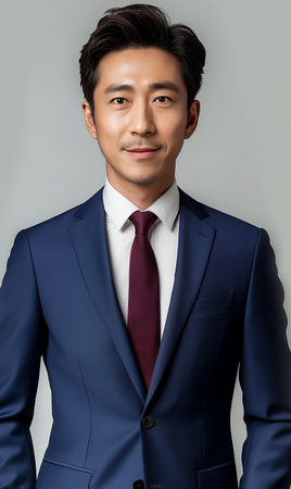portrait of young asian business man in suit on grey backgroundの素材