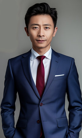 Portrait of a handsome young asian man in a blue suitの素材