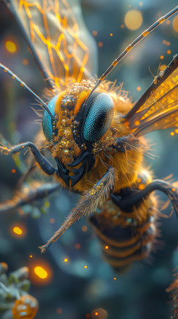 Close-up of the head of a bee on a branch.の素材