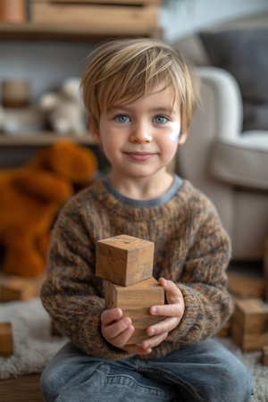 Portrait of a little boy playing with wooden blocks at home.の素材
