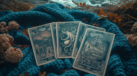 Three tarot cards on a blue knitted plaid in the autumn forest.の素材