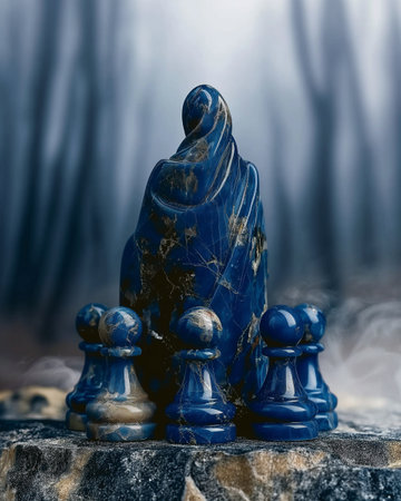 Blue figure of jesus with chess pieces on a dark backgroundの素材