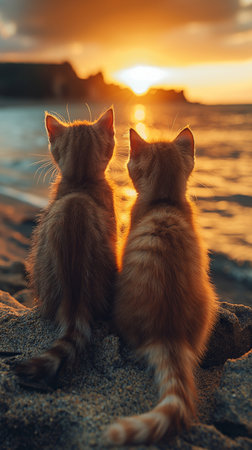 Two ginger kittens sitting on the beach and looking at the sunset.の素材