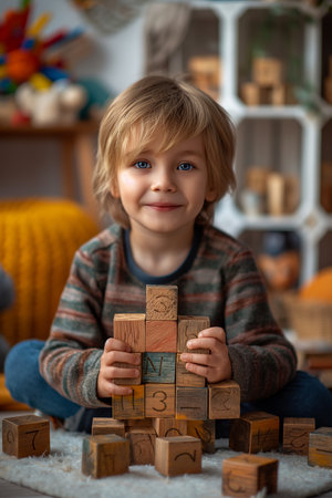 Cute little boy playing with wooden blocks at home. Early development conceptの素材