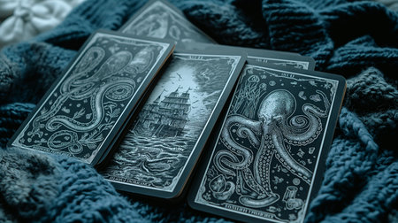 Tarot cards on the background of a knitted scarf. Toned.の素材