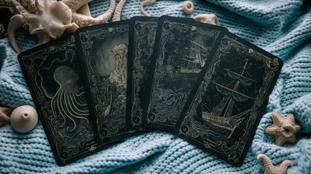 Tarot cards on a blue knitted background. Toned.の素材