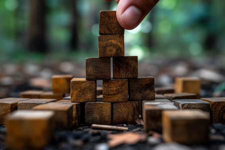 Wooden blocks stacking as step stair to success, business growth conceptの素材