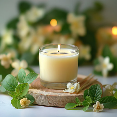 Burning candle with jasmine flowers and green leaves on light backgroundの素材