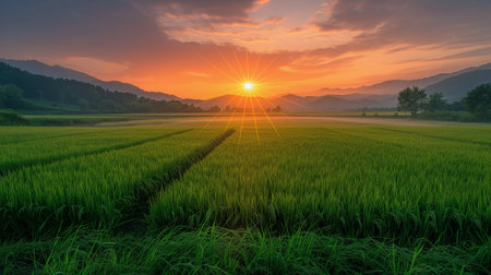 Rice field in the morning with sunrise and mountain in background.の素材