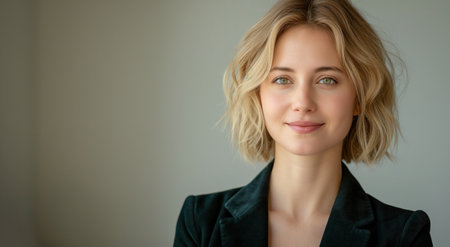 Portrait of a beautiful businesswoman with blond hair in a black suitの素材