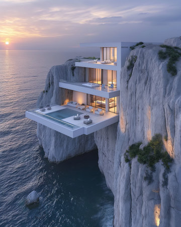 3d rendering of modern cozy house with pool and parking for sale or rent in luxurious style. Sunset in the background.の素材