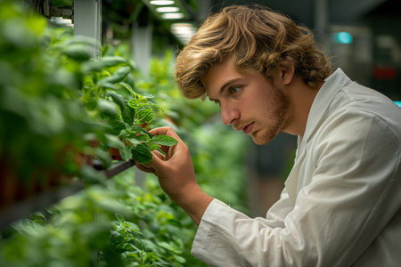 Portrait of a young male scientist working in a greenhouse, examining plantsの素材