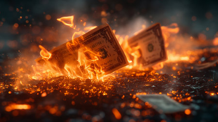 Dollar banknotes burning in the fire with smoke and flames.の素材