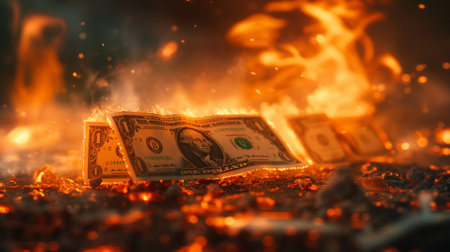 Dollar banknotes burning in the fire on a dark background.の素材