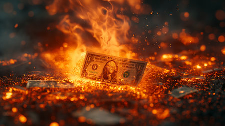 Dollar banknote burning in flames on black background. Money concept.の素材