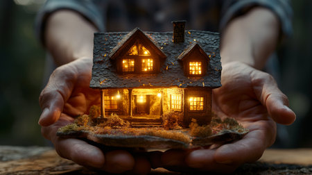 Hands holding a small house model in the forest. The concept of buying and selling real estate.の素材