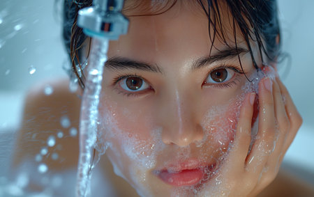 Close up portrait of a beautiful young woman taking shower in bathroom.の素材