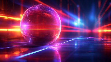 abstract 3d illustration of glowing sphere in dark space with raysの素材