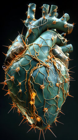 Human heart made of cactus on black background. 3d illustrationの素材