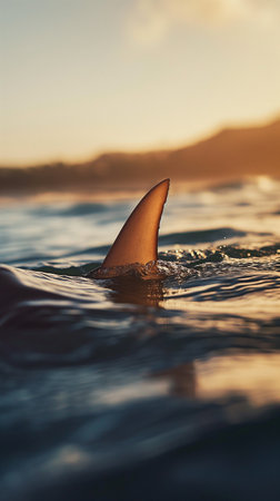 Close-up of a shark fin swimming in the ocean at sunsetの素材