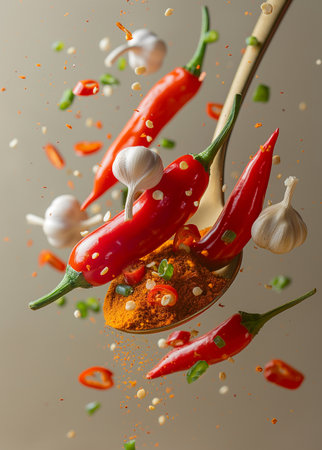 Spoon with chili pepper, garlic and chilli powder on gray backgroundの素材