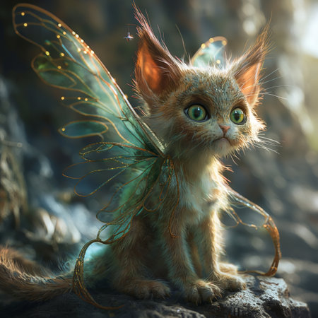 Fantasy portrait of a cute little kitten with green eyes and angel wings.の素材