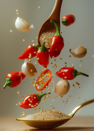 Falling chili peppers, garlic and sesame seeds on wooden spoonの素材