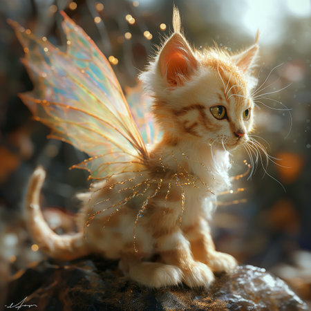 Cute ginger kitten in fairy costume with golden wings sitting on the rock.の素材