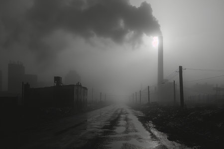 Black and white image of a factory in a foggy morning.の素材