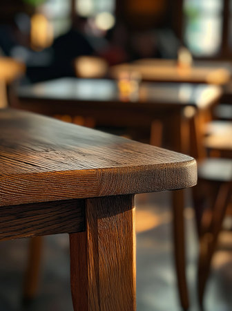 Wooden table and chairs in a cafe. Selective focus.の素材