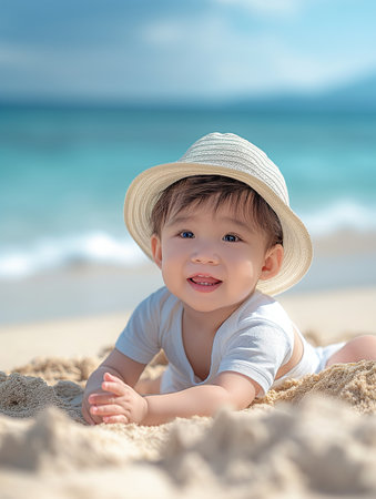 Cute asian baby boy in hat lying on the beach.の素材