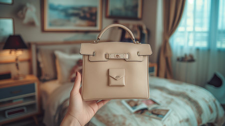 Female hand holding beige leather handbag on bed in bedroom.の素材