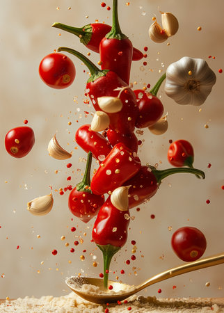 Red hot chili peppers and garlic falling into a spoon with flying ingredients.の素材