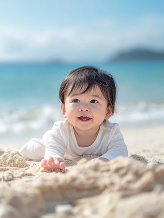 Cute asian baby girl lying on the beach and smiling.の素材